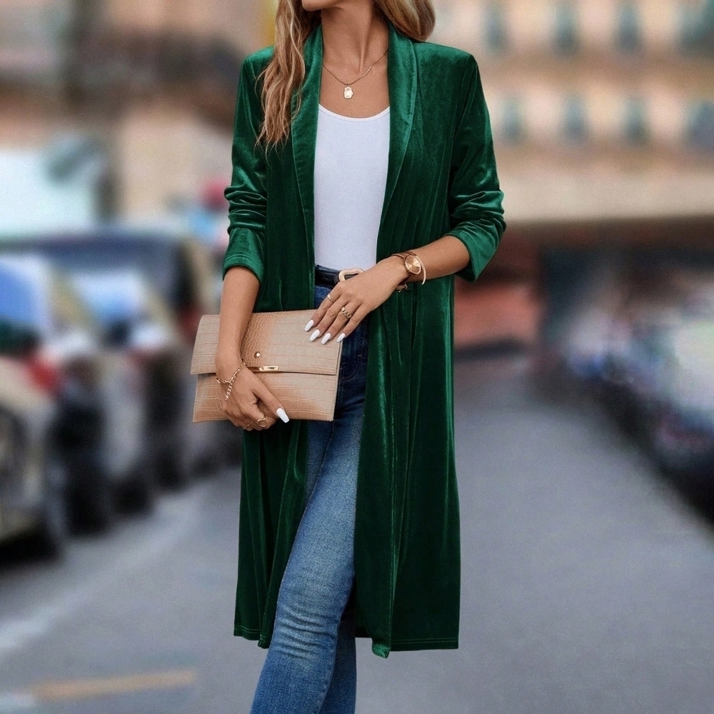 Collar Open Front Velvet Coat - Picture 5 of 5